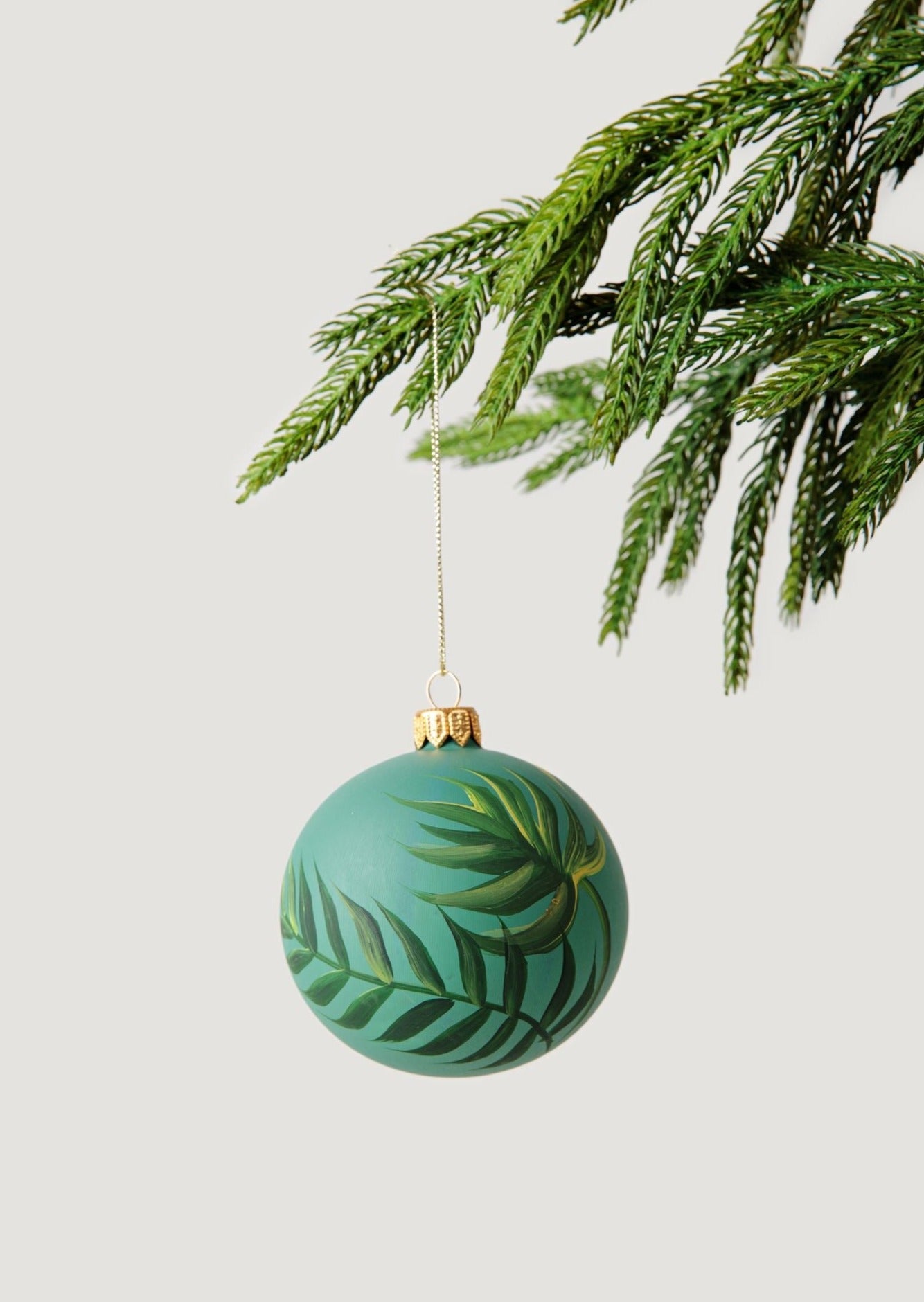 Hand-Painted Green Palm Leaf Glass Christmas Ornament - 3"