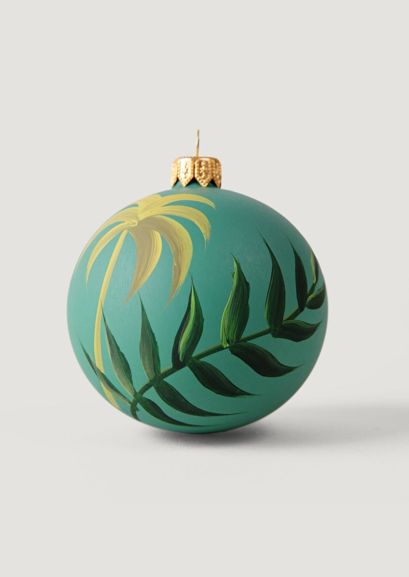 Hand-Painted Green Palm Leaf Glass Christmas Ornament - 3"